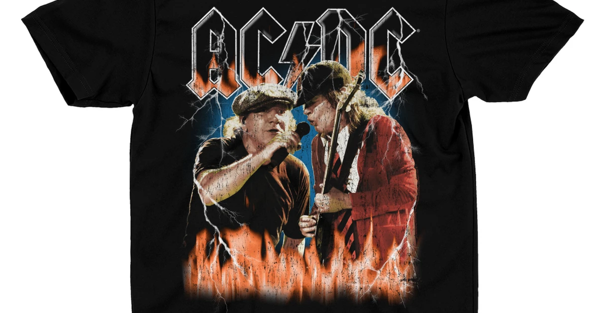 AC/DC T-Shirt | Rock Or Bust Malcolm And Angus In Flames Distressed ...