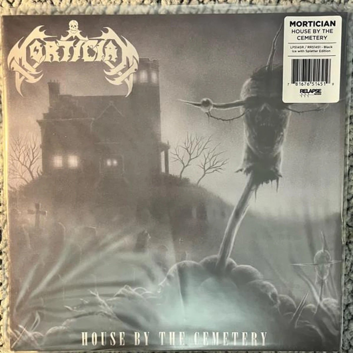 Mortician HOUSE BY THE CEMETERY (BLACK ICE WITH WHITE & BABY BLUE SPLATTER VINYL) Vinyl Record