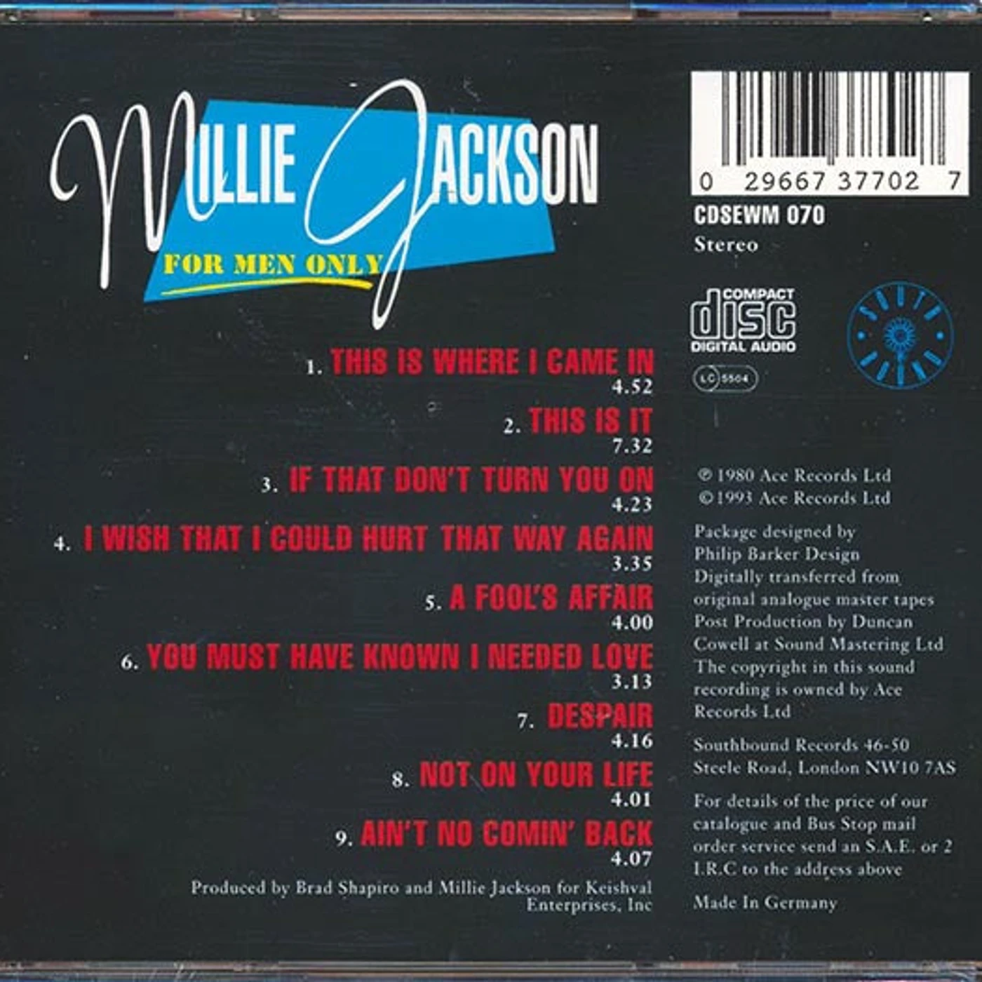 Millie Jackson  CD -  For Men Only