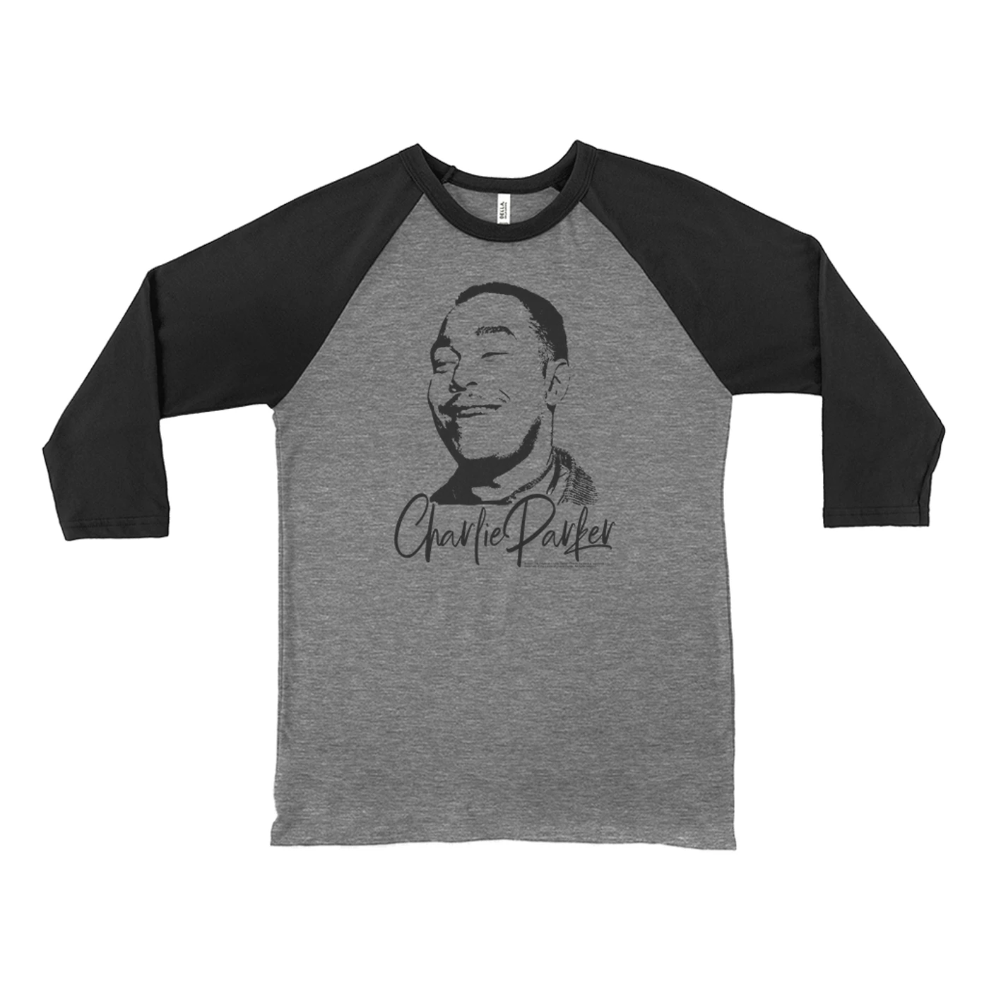 Charlie Parker 3/4 Sleeve Baseball Tee | Grinning Charlie WIth Logo Design Charlie Parker Shirt (Merchbar Exclusive)