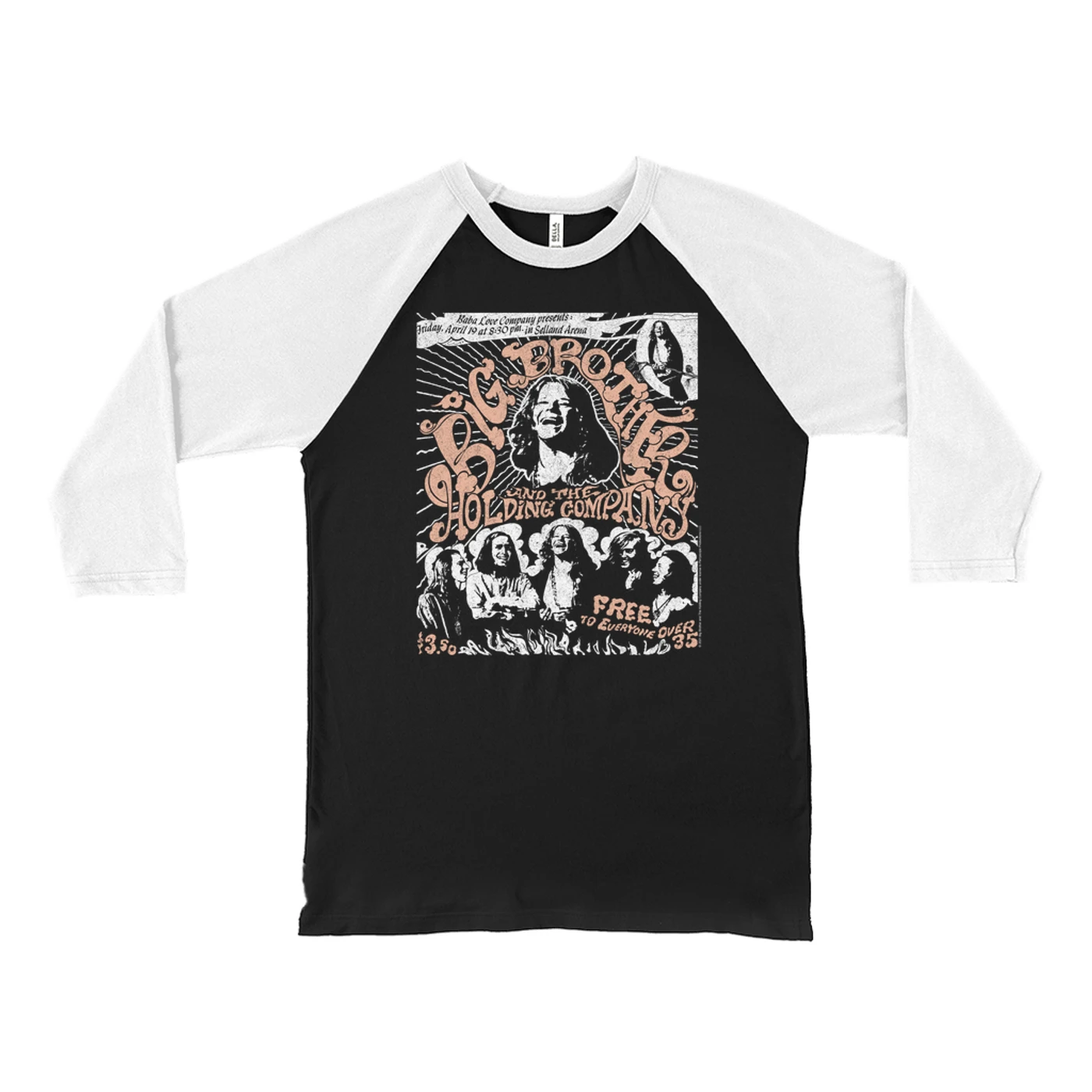 Big Brother & The Holding Company Big Brother and The Holding Co. 3/4 Sleeve Baseball Tee | Featuring Janis Joplin Fresno Concert Flyer Big Brother and The Holding Co. Shirt