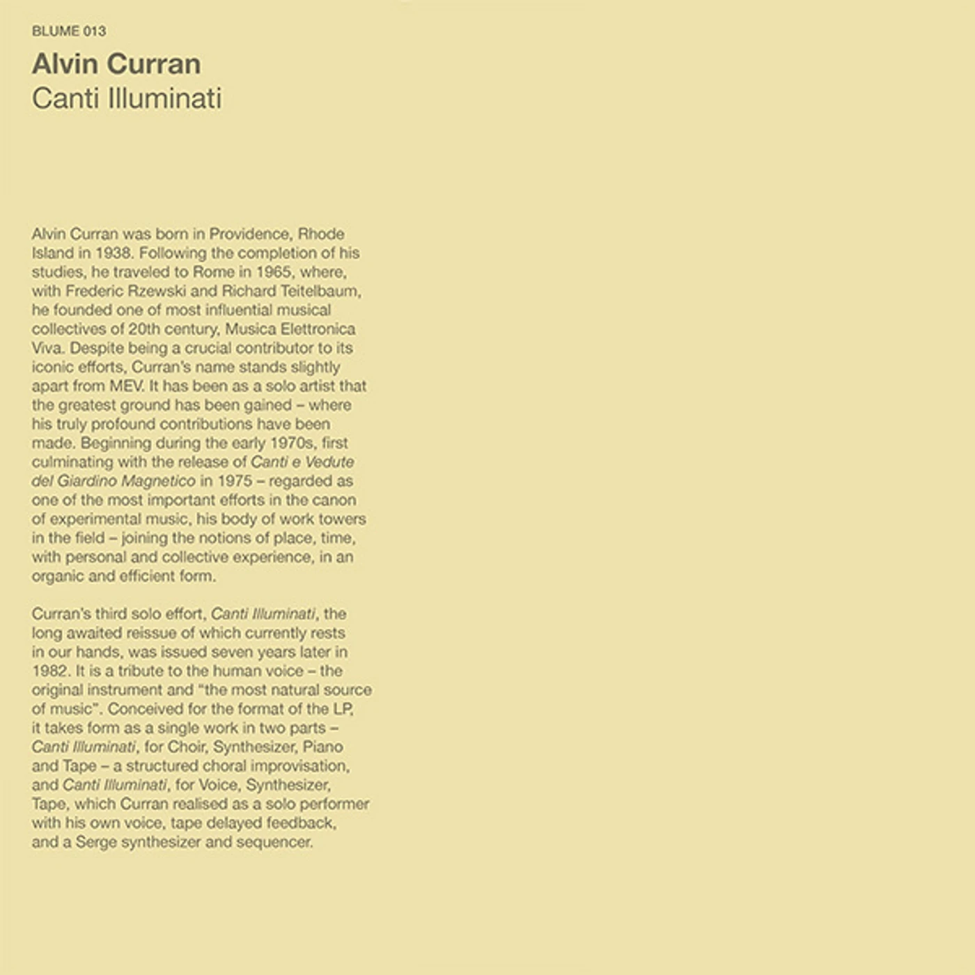 Alvin Curran Canti Illuminati Vinyl Record
