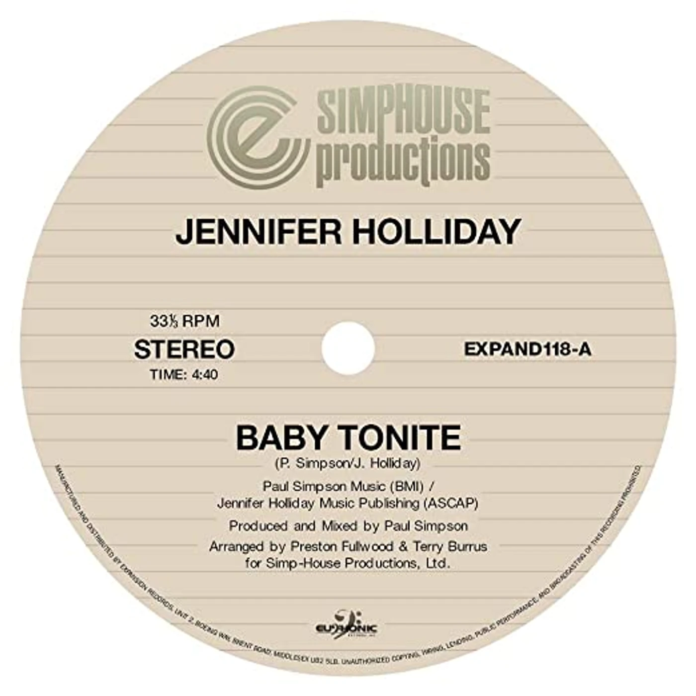 Jennifer Holliday BABY TONITE Vinyl Record