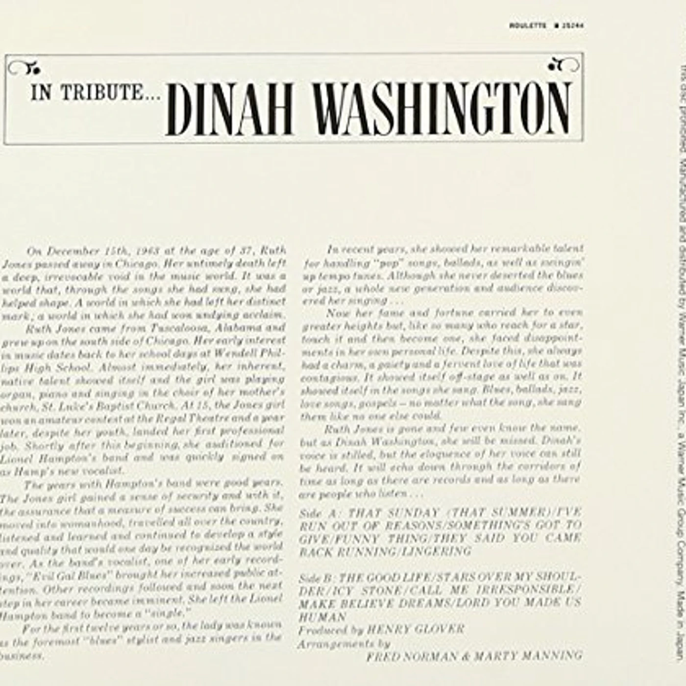 Dinah Washington IN TRIBUTE CD