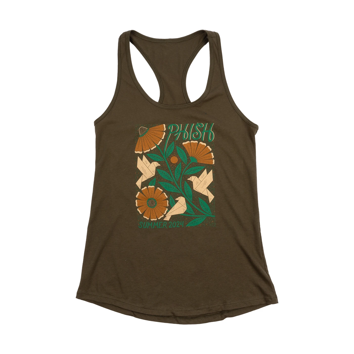 Phish Women's Origami Flight Summer Tour '24  Tank Top on Military Green