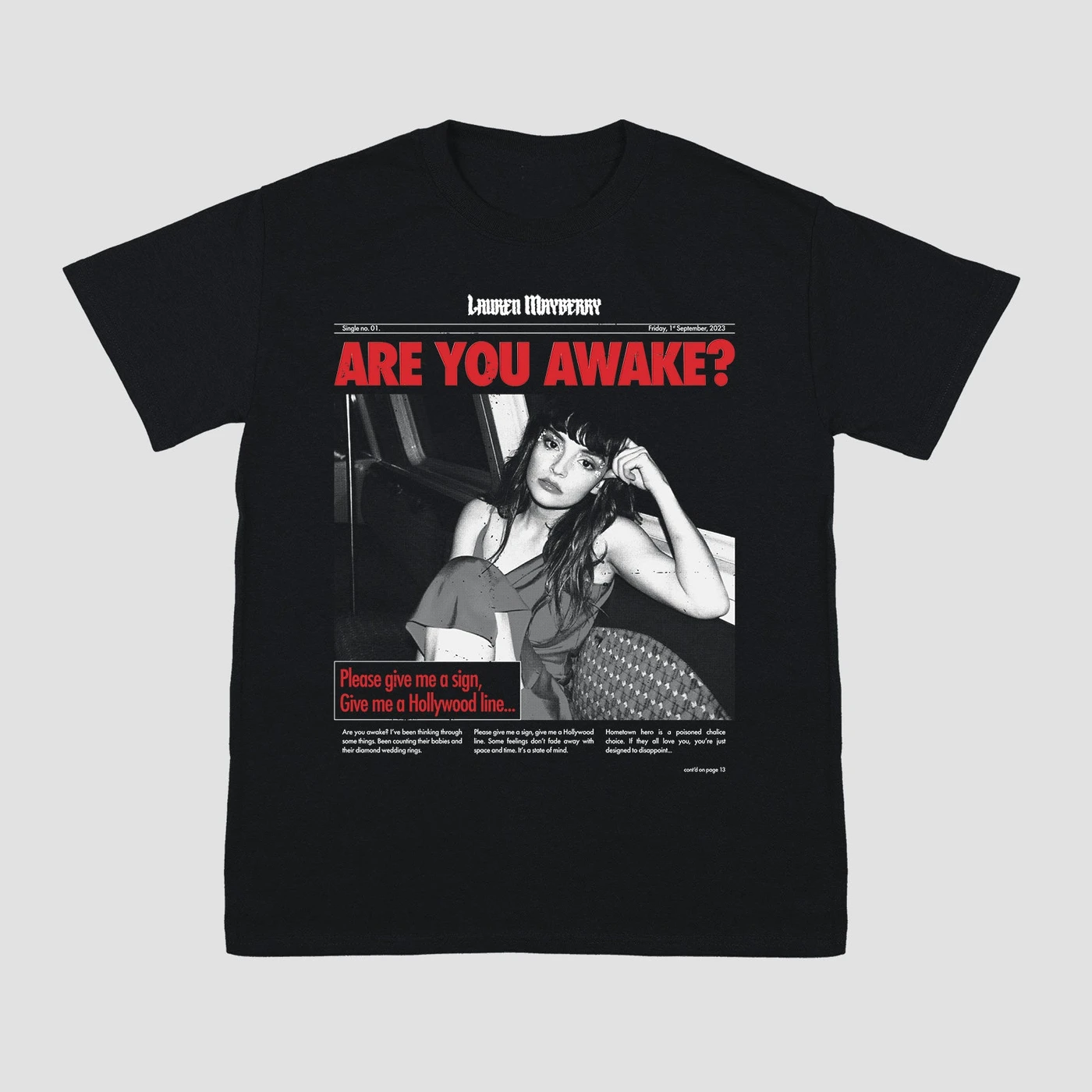 Lauren Mayberry Are You Awake Newspaper T-Shirt (Black)