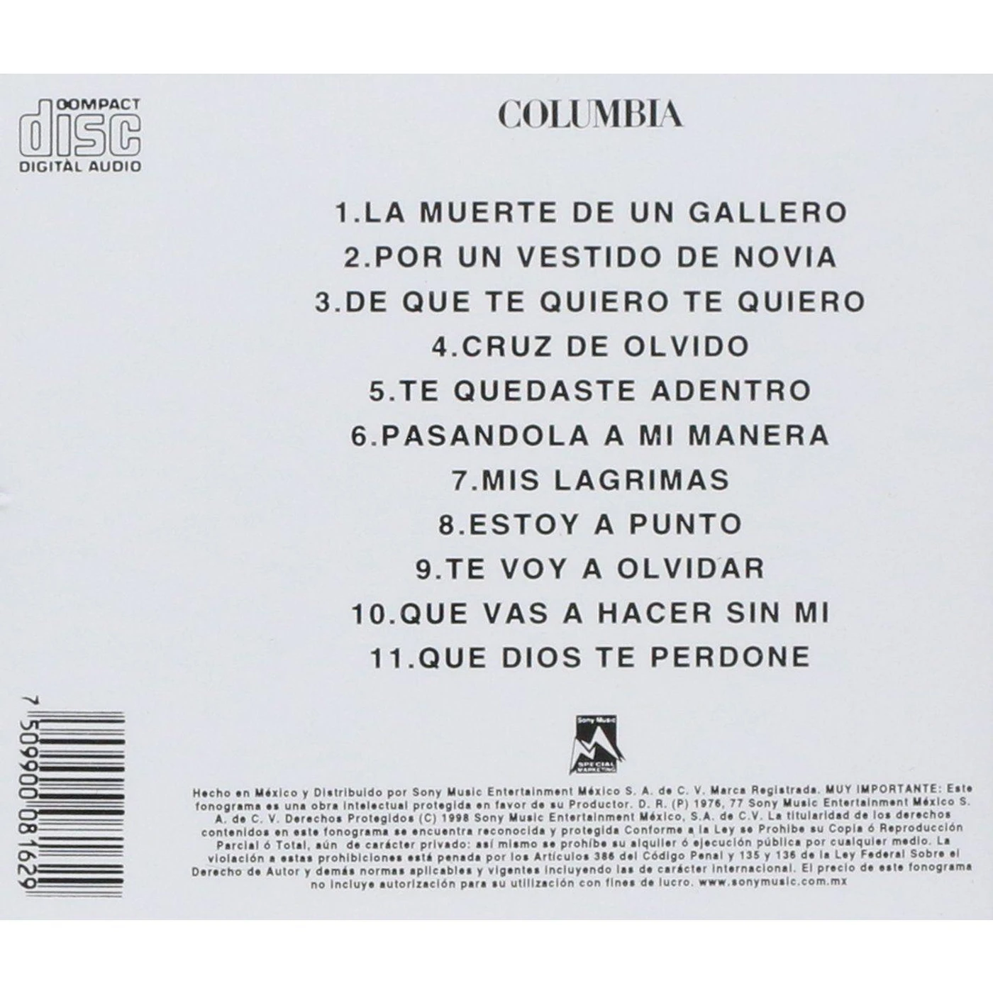 Vicente Fernández La Muerte De Un Gallero CD