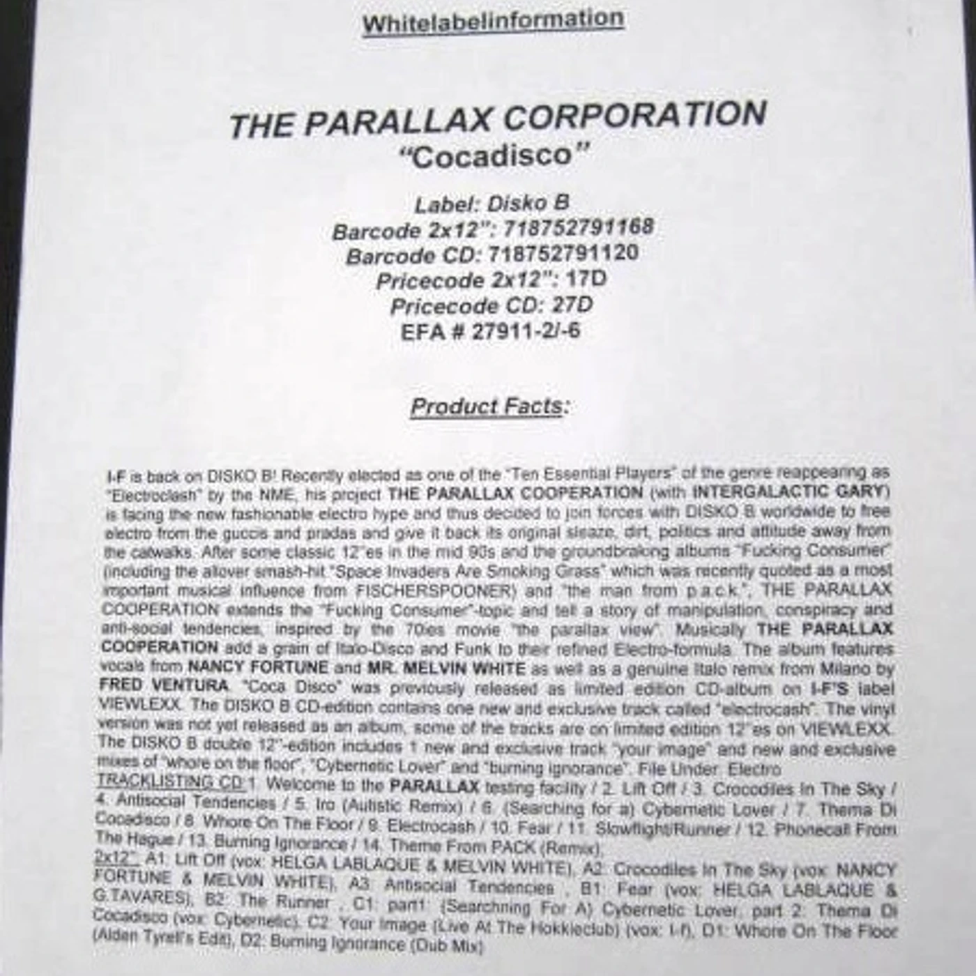 The Parallax Corporation Cocadisco Vinyl Record